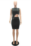 Black Sexy Casual Solid Patchwork Asymmetrical Half A Turtleneck Sleeveless Two Pieces