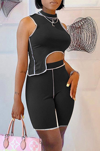Black Fashion Casual Solid Patchwork Asymmetrical Half A Turtleneck Sleeveless Two Pieces
