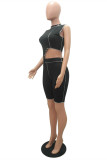 Black Fashion Casual Solid Patchwork Asymmetrical Half A Turtleneck Sleeveless Two Pieces