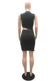 Black Sexy Casual Solid Patchwork Asymmetrical Half A Turtleneck Sleeveless Two Pieces