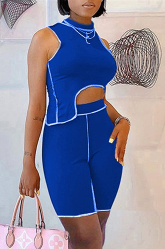Blue Fashion Casual Solid Patchwork Asymmetrical Half A Turtleneck Sleeveless Two Pieces