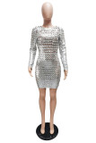 Silver Sexy Solid Hollowed Out Patchwork Fold O Neck Pencil Skirt Dresses