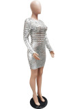 Серебряные сексуальные однотонные выдолбленные лоскутные платья-юбка-карандаш со складками и круглым вырезом