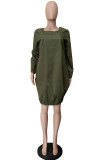 Army Green Street Solid Patchwork O Neck Dresses