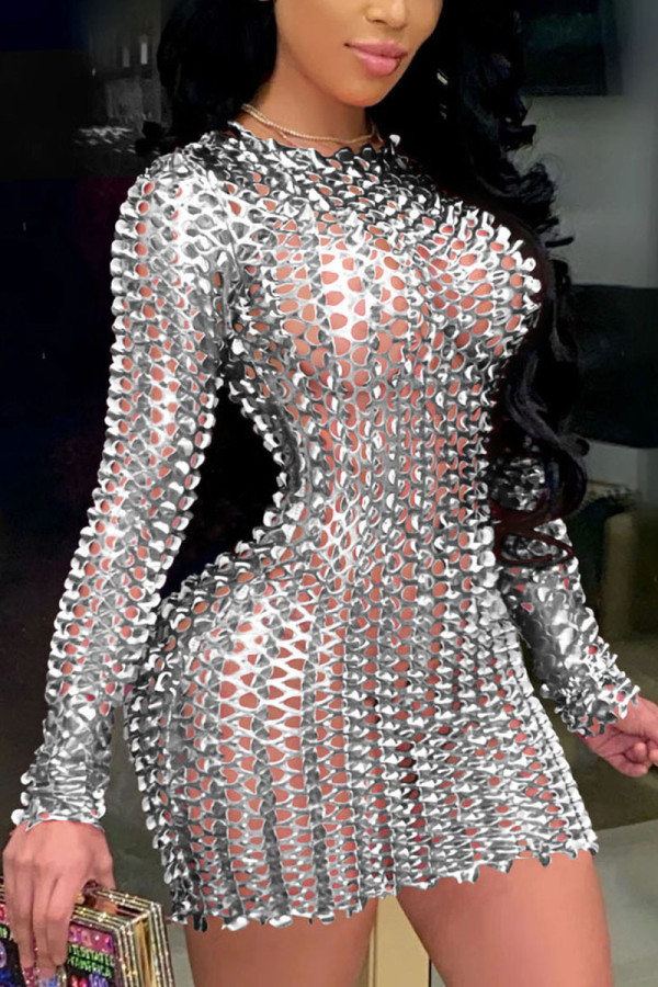 Серебряные сексуальные однотонные выдолбленные лоскутные платья-юбка-карандаш со складками и круглым вырезом