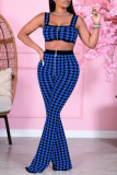 Blue Fashion Casual Print Vests Pants Square Collar Sleeveless Two Pieces
