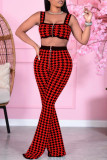 Red Fashion Casual Print Vests Pants Square Collar Sleeveless Two Pieces