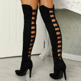 Black Fashion Sexy Hollowed Out Solid Color Pointed High Heel High Boots