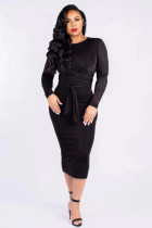 Black Polyester adult Fashion Casual Cap Sleeve Long Sleeves O neck Step Skirt Mid-Calf bandage Patchwork 