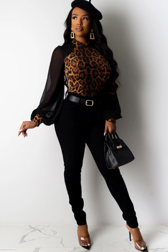 Brown O Neck Long Sleeve Print Patchwork