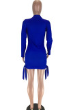 Синяя повседневная юбка с короткими рукавами, длинными рукавами и круглым вырезом, ступенчатая юбка с принтом