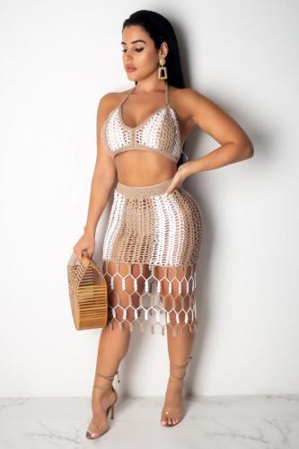 Khaki Sexy Fashion adult Geometric Two Piece Suits HOLLOWED OUT Patchwork Hole Regular Sleeveles