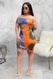 Orange Fashion Sexy Off The Shoulder Sleeveless Wrapped chest Step Skirt Knee-Length Patchwork Pr