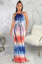 Синяя модная сексуальная майка без рукавов с круглым вырезом, асимметричное платье длиной до пола с принтом, лоскутное клубное платье