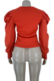 Red Polyester O Neck Long Sleeve Solid Patchwork asymmetrical 