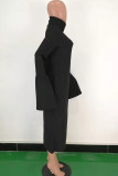 Schwarzer sexy Glockenärmel mit langen Ärmeln und Rollkragen-Stufenrock in der Mitte der Wade, asymmetrisch, solides Patchwork