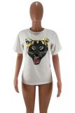 Red O Neck Short Sleeve Patchwork Print Animal Prints Tees & T-shirts