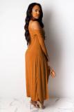 オレンジ大人カジュアルファッションツーピーススーツ固体 A ラインスカート長袖ツーピースドレス