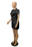 Черное модное повседневное однотонное базовое платье-рубашка с отложным воротником