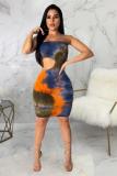 Orange Fashion Sexy Off The Shoulder Sleeveless Wrapped chest Step Skirt Knee-Length Patchwork Pr