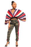 Multi-color V Neck Long Sleeve Striped Print crop top Patchwork Long Sleeve Tops