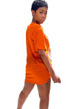 オレンジセクシーなキャップスリーブ半袖Oネックステップスカート膝丈プリント