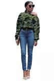 Green One Shoulder Collar Long Sleeve asymmetrical Print Camouflage Long Sleeve Tops