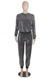 Brown adult Sexy Fashion Two Piece Suits Patchwork Sequin Straight Long Sleeve Two-piece Pants