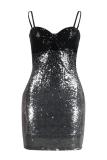 Black adult Fashion Sexy Spaghetti Strap Sleeveless Slip Step Skirt skirt Sequin Solid Club Dre