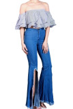 Calça jeans com zíper azul escuro com zíper e botão de alta costura com abertura de lavagem com zíper e corte de bota
