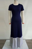 Темно-синее сексуальное модное платье принцессы с короткими рукавами и круглым вырезом длиной до пола, однотонное лоскутное S