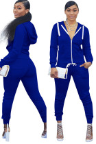 Set di pantaloni a due pezzi casual a maniche lunghe in tinta unita patchwork blu royal