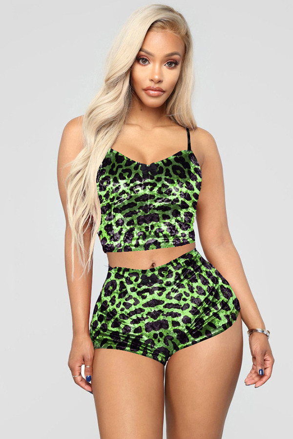 Verde adulto moda sexy backless patchwork due pezzi abiti stampa leopardo dritto senza maniche T