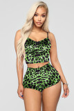 Green adult Fashion Sexy backless Patchwork Two Piece Suits Print Leopard Straight Sleeveless T