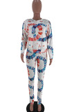 White Fashion Casual Adult Print Patchwork O Neck Long Sleeve Regular Sleeve Regular Two Pieces