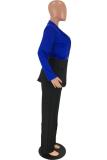 Azul levemente cozido moda adulto sólido botão retalhos ternos de duas peças em linha reta manga longa