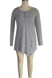 Grey O Neck Long Sleeve Solid Patchwork Print Long Sleeve Tops