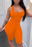 Orange Fashion Casual Solid Basic U Neck Sleeveless Two Pieces Tank Tops And Short Set