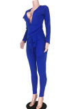 Royal blue Sexy asymmetrical Solid Two Piece Suits ruffle Patchwork pencil Long Sleeve Two-piece Pan