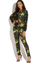 Green Polyester Elastic Fly Long Sleeve Mid Zippered Print Patchwork Straight Pants  Two-piece suit