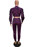 Фиолетовый эластичный комбинезон с длинными рукавами в стиле пэчворк, прямые брюки с принтом в стиле пэчворк, костюм из двух предметов