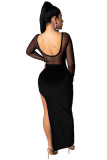 Black Sexy Fashion adult Cap Sleeve Long Sleeves O neck Asymmetrical Ankle-Length Solid backless