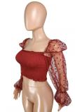 Wine Red Wrapped chest Long Sleeve Dot Patchwork Mesh Solid perspective