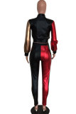 Multi-color PU Elastic Fly Long Sleeve Mid Patchwork pencil Pants Two-piece suit