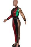 Разноцветные брюки-карандаш из искусственной кожи с эластичной ширинкой и длинными рукавами в стиле пэчворк, костюм-двойка