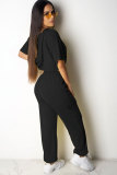 Conjunto de calças de duas peças retas e sólidas da moda preta sexy patchwork