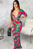 Vert Sexy Fashion Cap Sleeve Manches courtes V Neck A-Line Floor-Length Patchwork Print