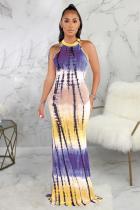 Фиолетовый модный сексуальный топ без рукавов с круглым вырезом асимметричный длиной до пола с принтом в стиле пэчворк Клубное платье