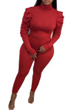 Красные повседневные костюмы из двух частей, однотонный комплект из двух частей с длинными рукавами и брюками-карандашом