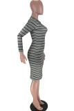 Olive green OL Cap Sleeve Long Sleeves O neck A-Line Mid-Calf Striped